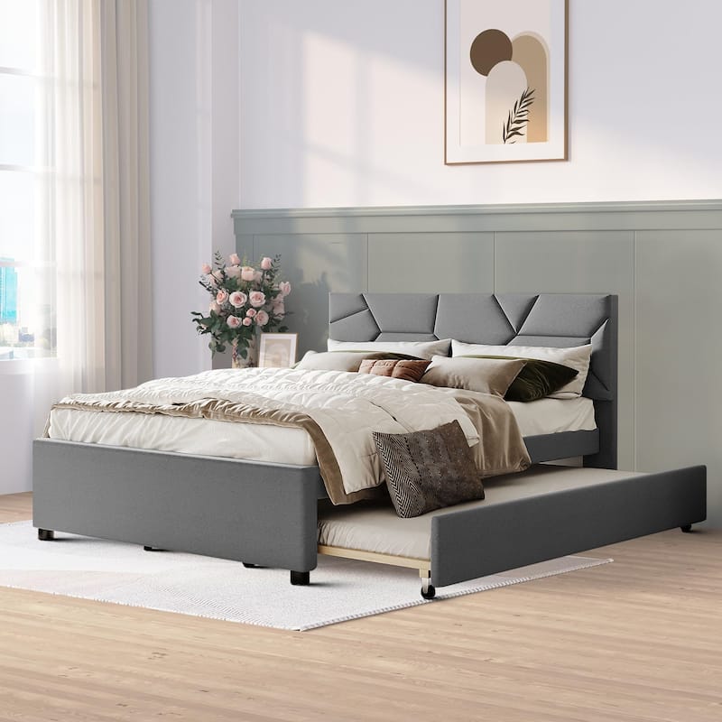 Modern Stylish Linen Fabric Upholstered Platform Bed with Trundle Bed - Gray - Queen