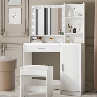 Modern Vanity Dressing Table with Mirror Light 1 Drawer 3 Level Storage Dresser 3 Lighting Modes Adjustable Brightness Bed Bath Beyond 42344149