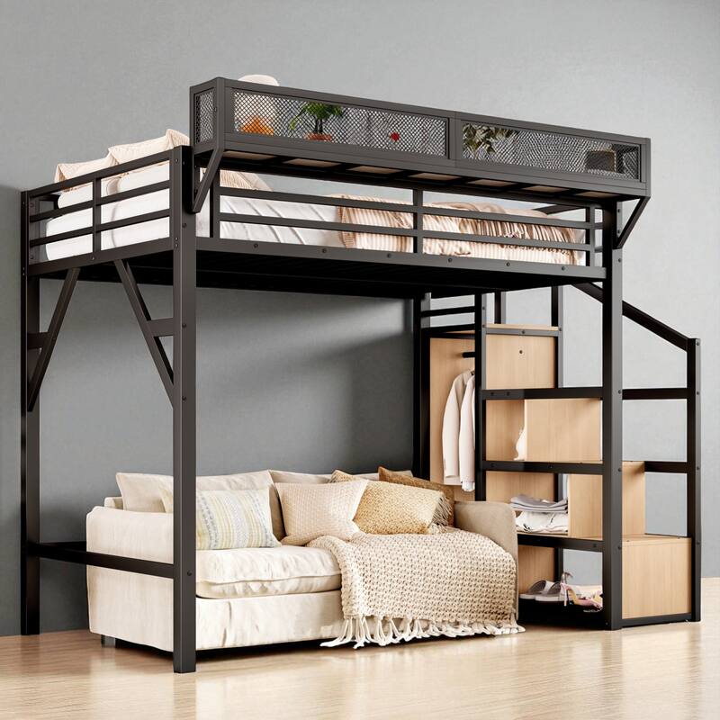 Metal Loft Bed Twin XL/Full/Queen with Storage Stairs, Built-in Wardrobe, USB Ports and LED Lights - Natural Wood - Twin XL