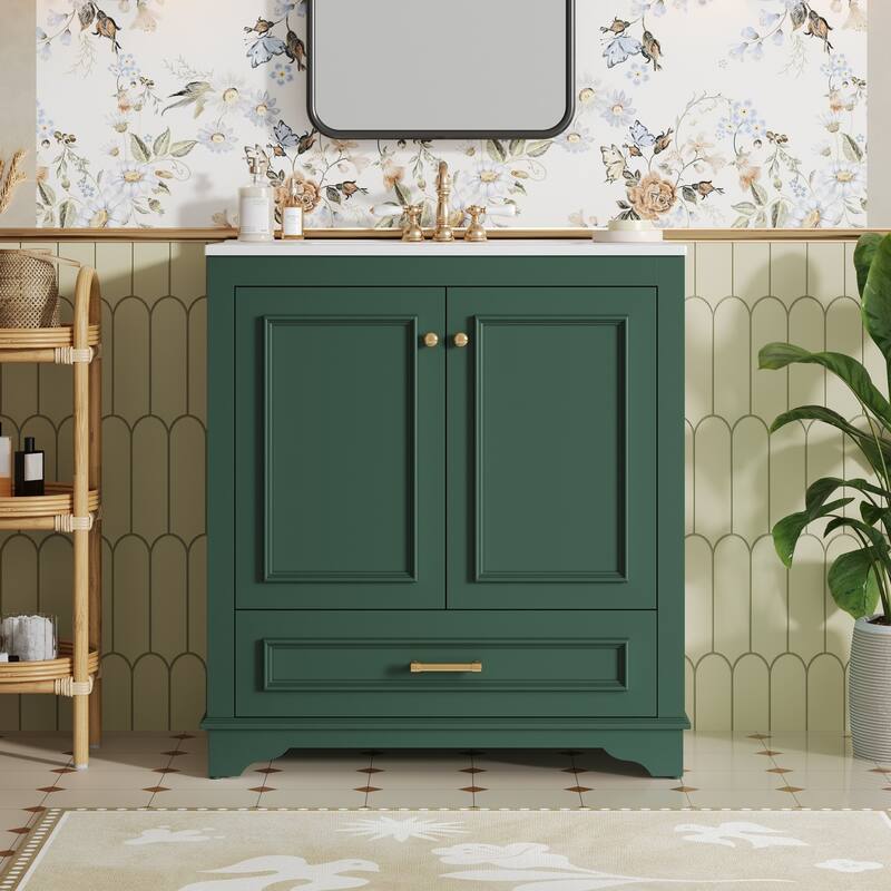 Luxurious 30" Bathroom Vanity with Ceramic Sink, 2 Soft Closing Doors & Solid Wood Frame Storage Cabinet - Green