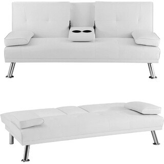 Futon Sofa Bed Futon Couch with Armrest & Cupholders Faux Leather Sofa Bed Couch Convertible Folding Reclining Small Couch