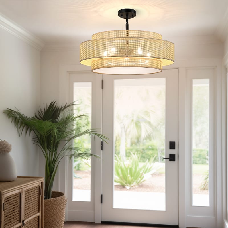 Bayou 5-Light Black Coastal Drum Chandelier with Double Rattan Shade - 24''W