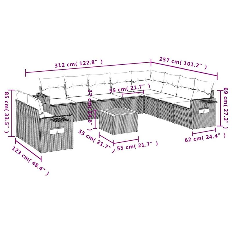 vidaXL 11 Piece Patio Sofa Set with Cushions Black Poly Rattan - 24.4" x 24.4" x 27.2"