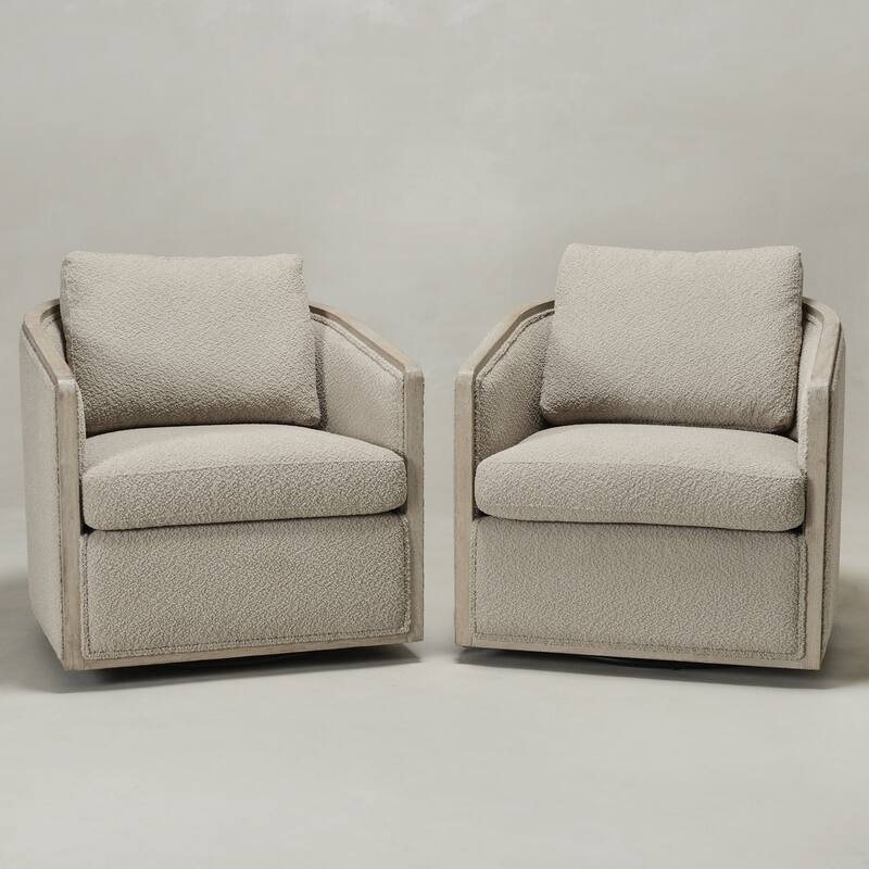 KINWELL 31"W Oak Frame Upholstered Swivel Barrel Armchair - Set of 2 - Oatmeal Boucle