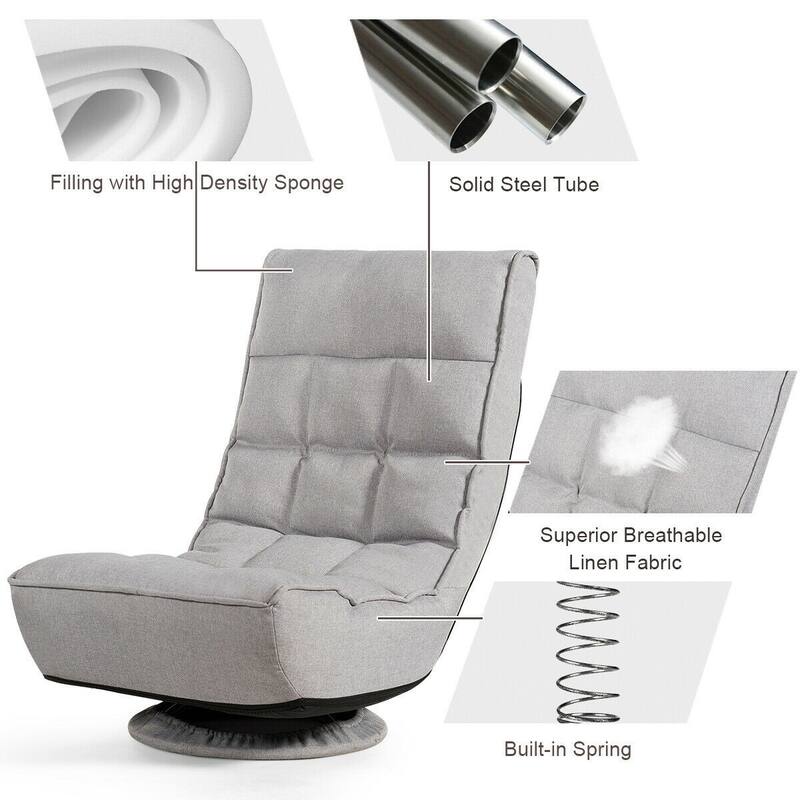 4-Position Adjustable 360 Degree Swivel Folding Floor Sofa Chair-Gray - Gray - 24"L x 26"W x 35"H