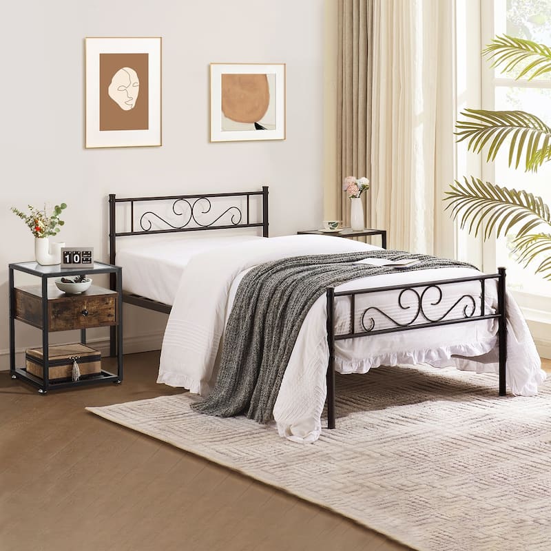 3-pieces Platform Bed Frame and Glass Top Nightstands Set of 2