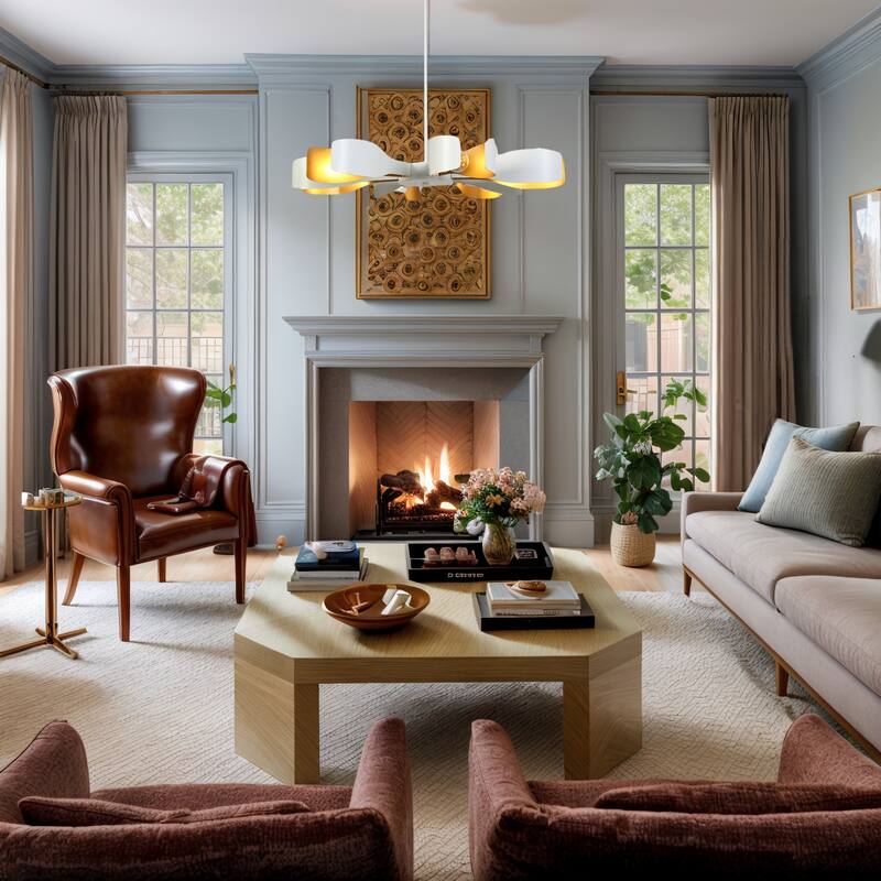 Modern White Gold 6-Light Chandelier with Flower-Design Shade for Kitchen Dining Room - 31.4 " × 3.7 "