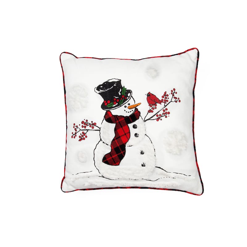 Snowman With Caroler Hat and Softy Tufted Snow Embroidered Christmas Pillow, 18 by 18-Inch