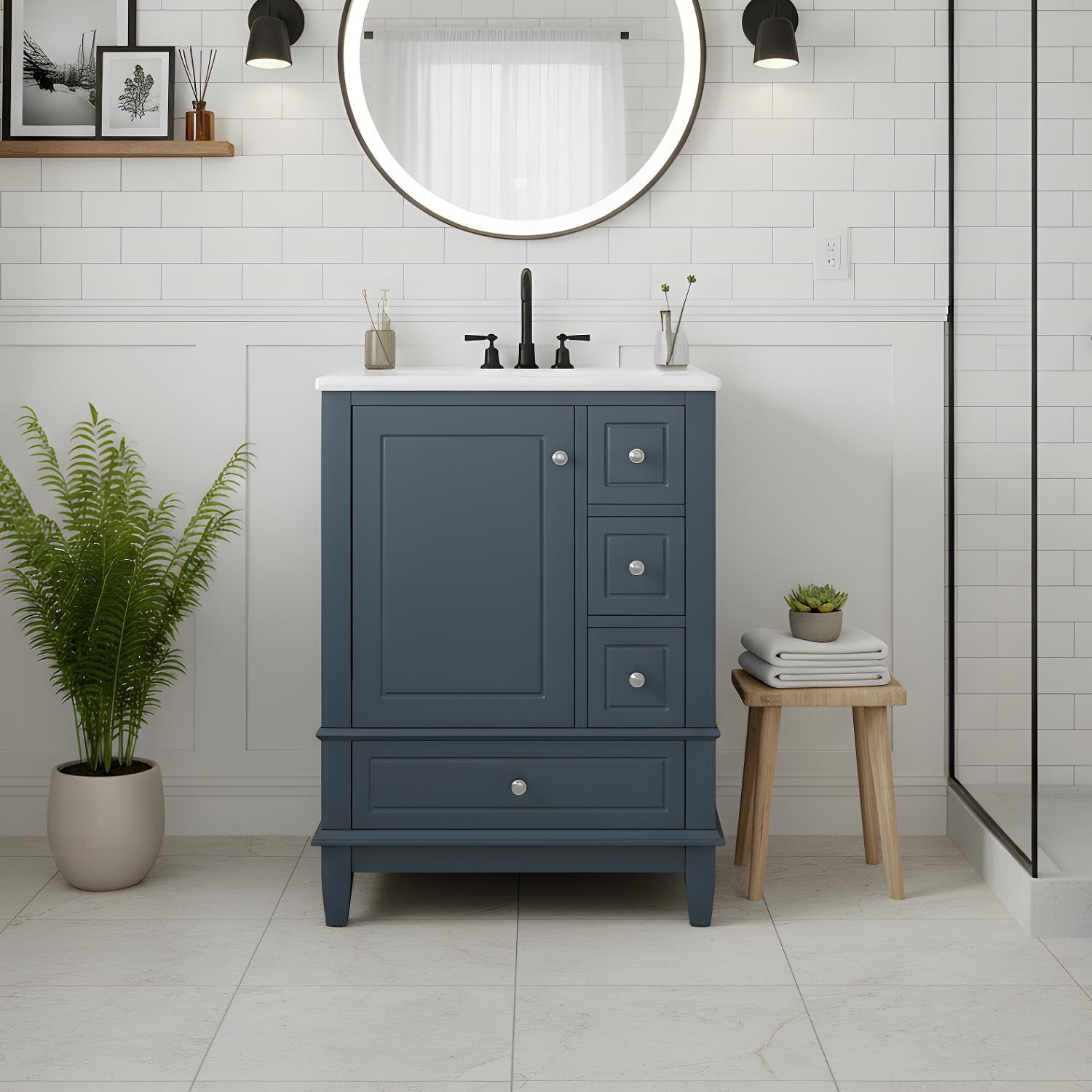 24" Vanity Unit - Freestanding Design with Ceramic Sink, Drawers, Storage Shelves, and MDF/Solid Wood Construction