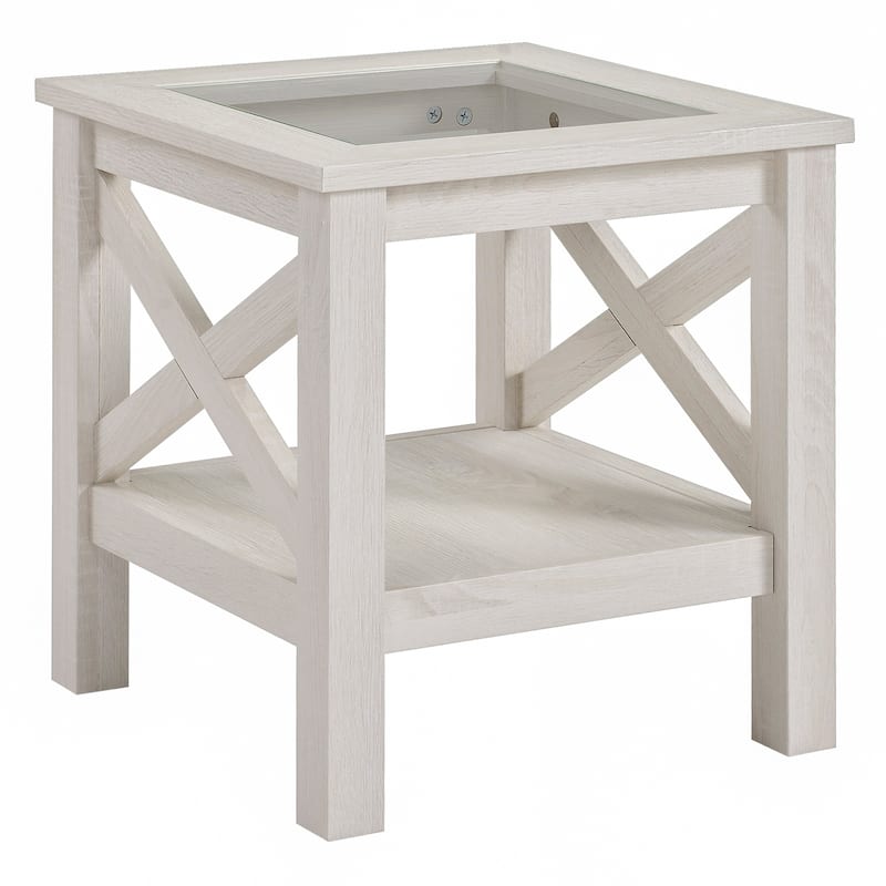 HOMCOM Traditional End Table with Wood Frame, Tempered Glass Tabletop and Underneath Storage Shelf, White Oak