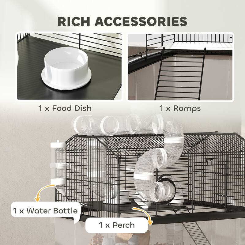 PawHut Large Hamster Cage with 12" Deep Tray, 2 Tier Gerbil Cage with Tube System, Water Bottle, Ramp, Black
