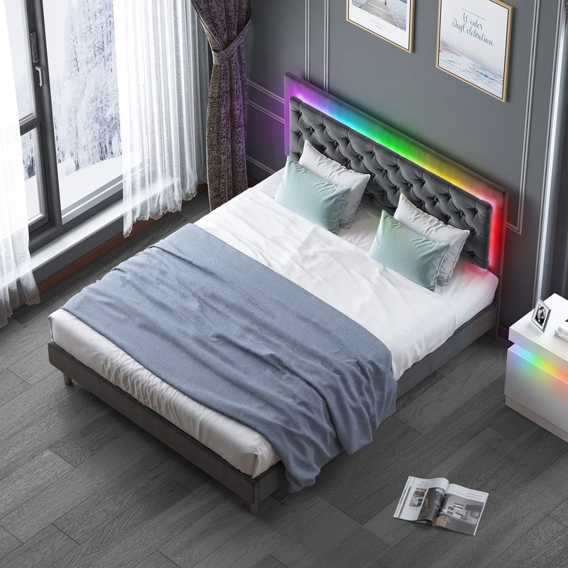 Mixoy Velveteen RGB LED Bed Frame with Button Tufted Adjustable Headboard
