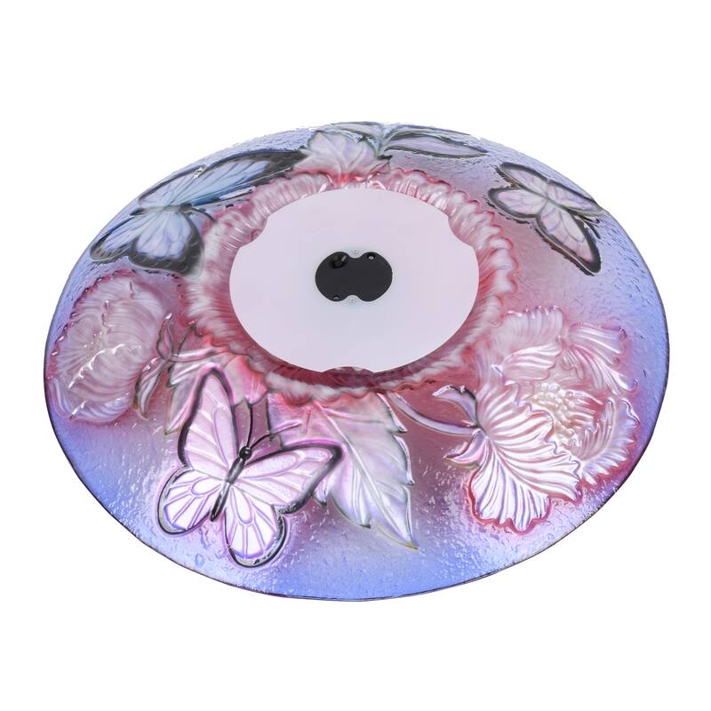 21" Red & Blue Butterflies Peonies Outdoor Glass Solar Bird Bath St&