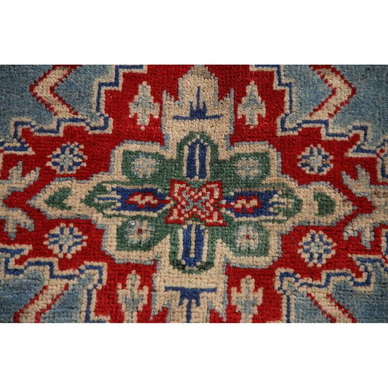 Light Blue Geometric Kazak Oriental Rug Hand-Knotted Wool Carpet - 3'4"x 4'10"