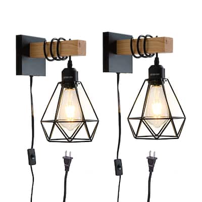 Plug-in Wall Sconces Industrial Wood and Metal Wall Lights 2 Pack