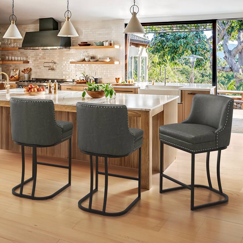 Modern 26" Barstool with Back Metal Frame Stool Counter Height Bar Stools and 6" Thick Cushion for Kitchen Island - Dark Grey/Faux Leather - Set of 3