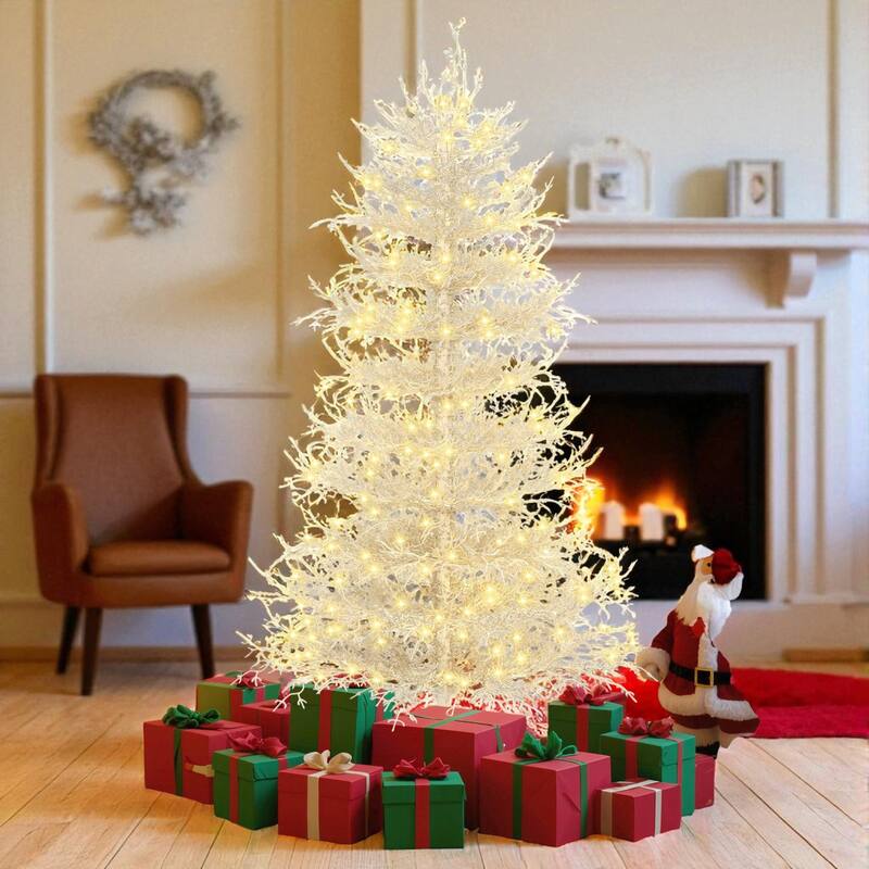 Pre-Lit Aspen Fir Artificial Christmas Tree, 4FT/6FT Hinged Snow Flocked Coral Style with 230/420 LED Lights - 6 Foot