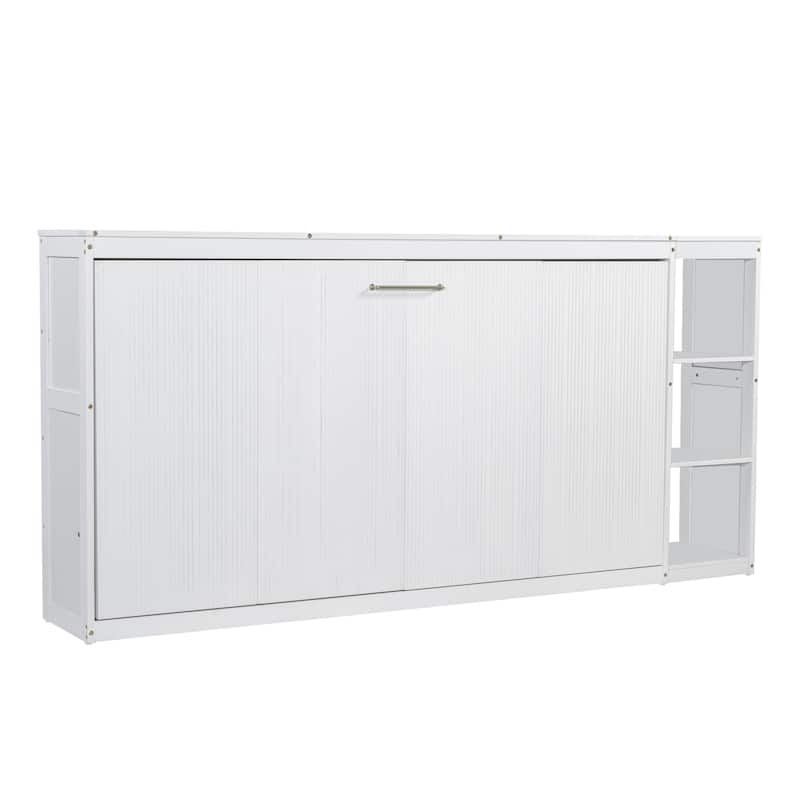 Minimalist Fold Down Bed Murphy Bed with 3 Storage Racks, Striped Decoration Wall Bed Hidden Bed for Guest Room Small Spaces