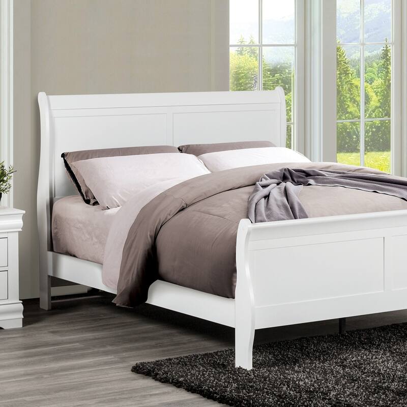Classic White Queen Size Sleigh Bed with Wooden Bracket Feet - White