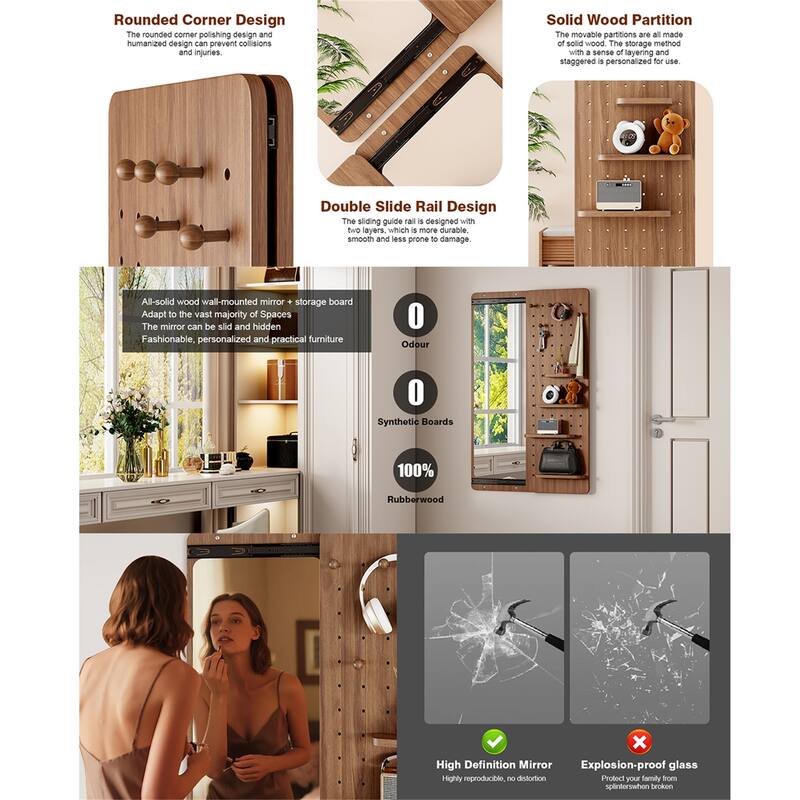 Wall Mounted Full Length Mirror with Shelf and Hook, Multifunctional Panel