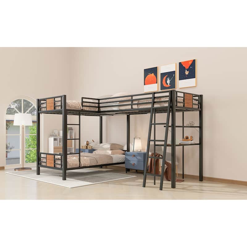 L-Shaped Twin over Twin Bunk Bed with Loft Bed, Desk, and Shelf, Brown