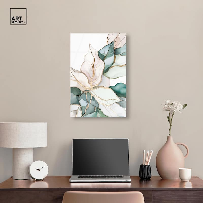 Pastel Leaves with Gold II Acrylic by Art Remedy, Ready to Hang