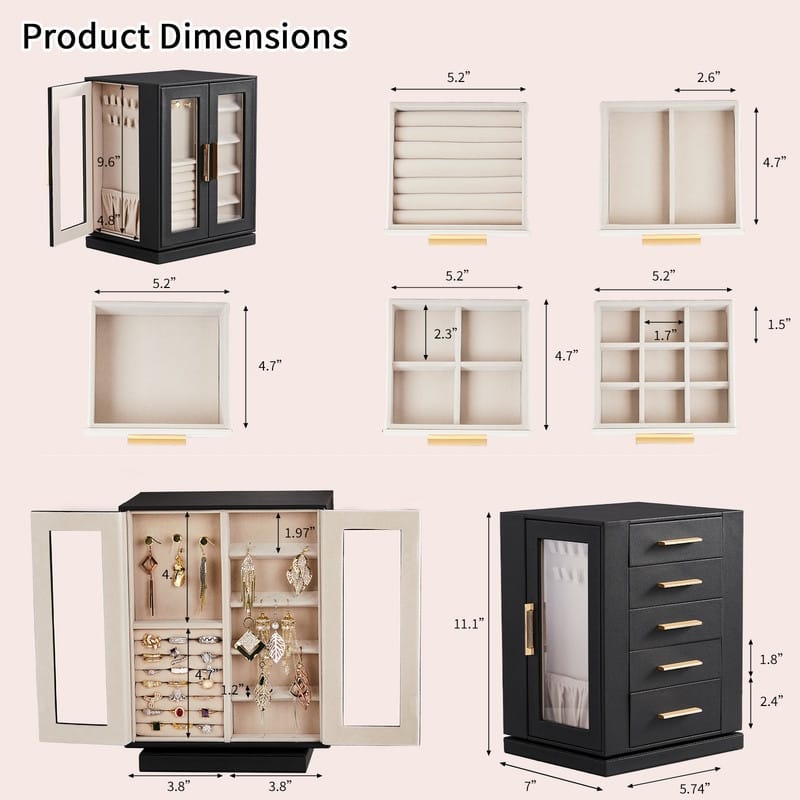 FCH 4 Sides with Storage 5 Drawers Rotatable Black Cabinet Pink Velvet Jewelry Case