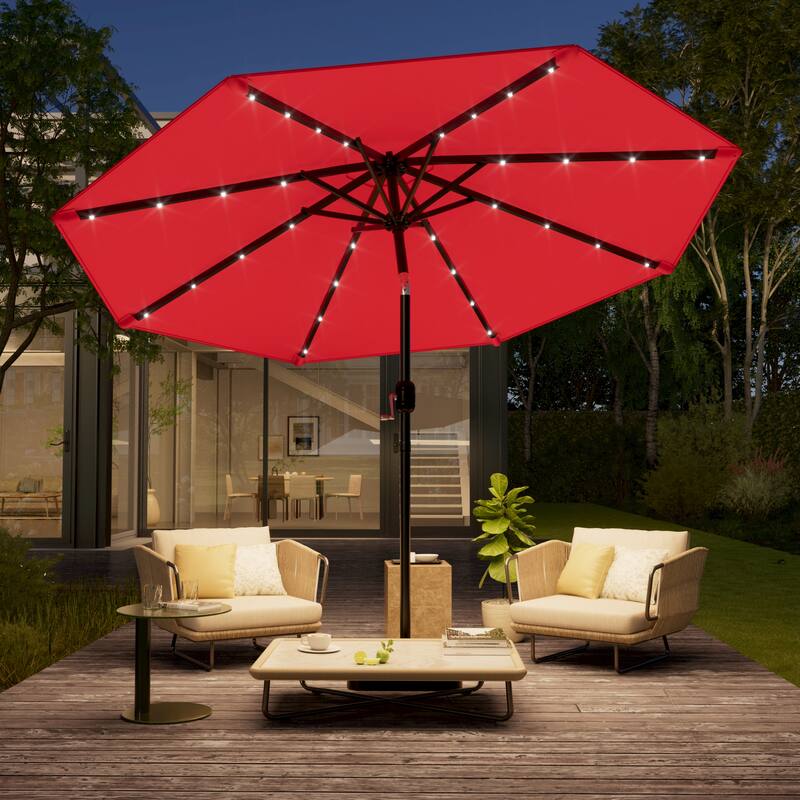 LIVOOSUN 10Ft Solar-powered Large Round Outdoor Patio Market Umbrella with Crank - Red