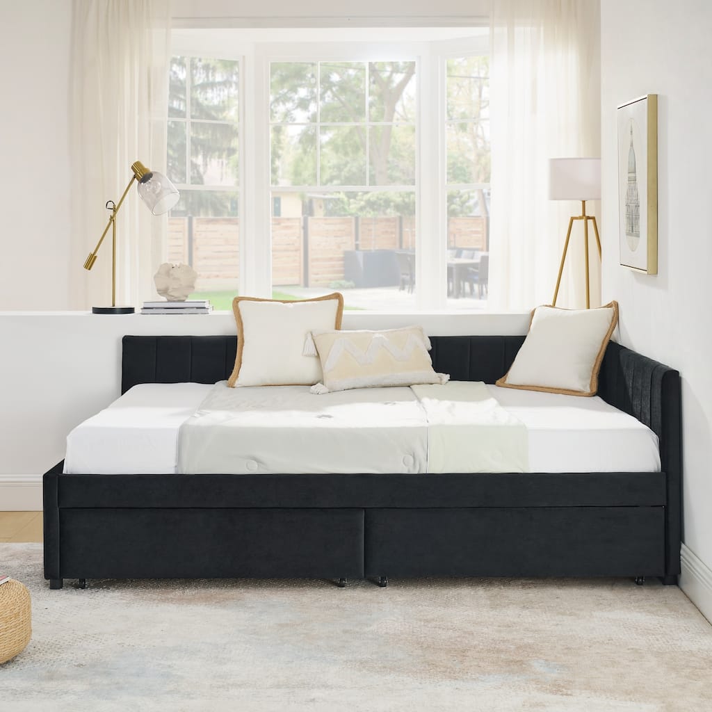 Full Size Upholstered Tufted Bed Frame with Two Drawers and Comfortable Backrest