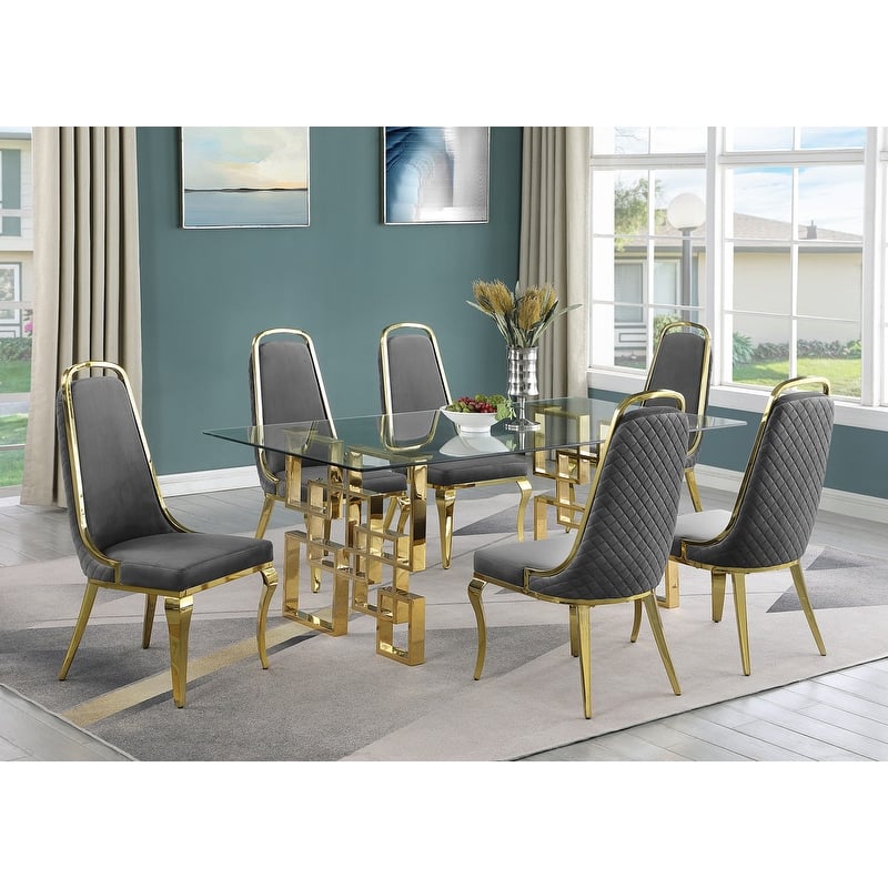 Best Quality Furniture Small Glass Table Dining Sets - 7pcs - Gold Chrome - Dark Gray 