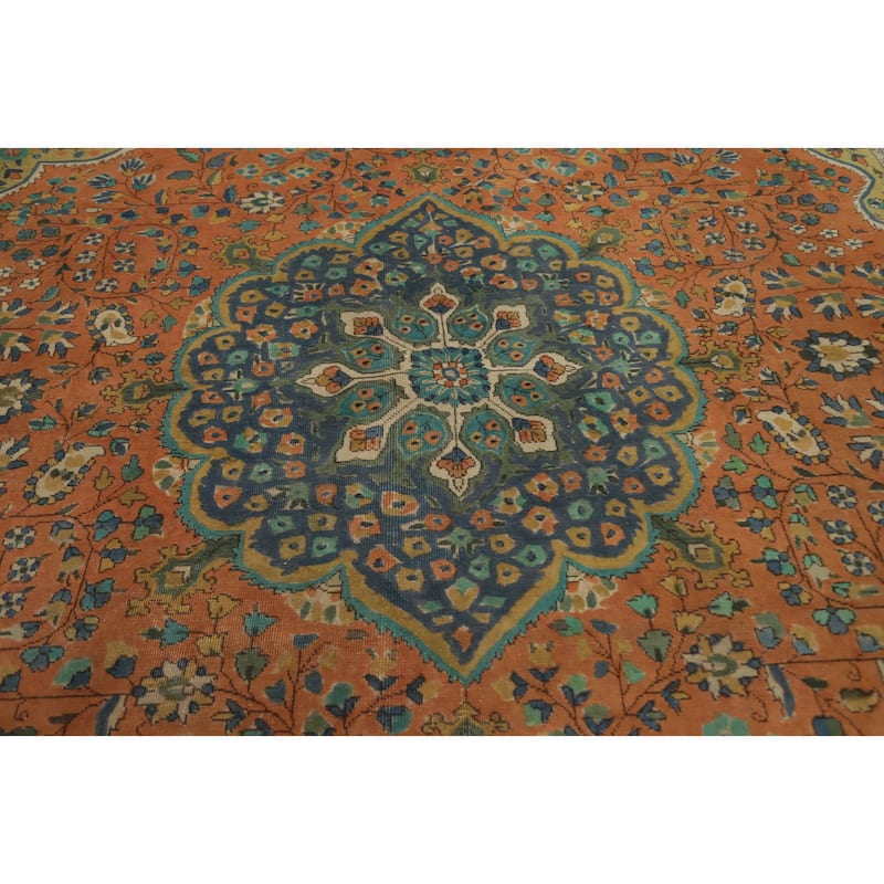 Hand Knotted Oriental 100% Wool Carpet Traditional Floral Oranges & Rust Tabriz Area Rug - 12' 8'' X 9' 6''