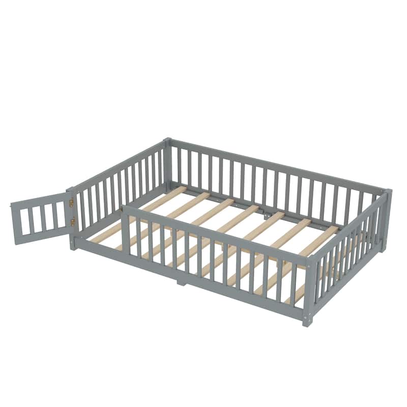 Montessori Toddler Floor Bed with Fence and Switchable Door, Low Profile Bed Frame with Removable Slats, Safe Transition Bed