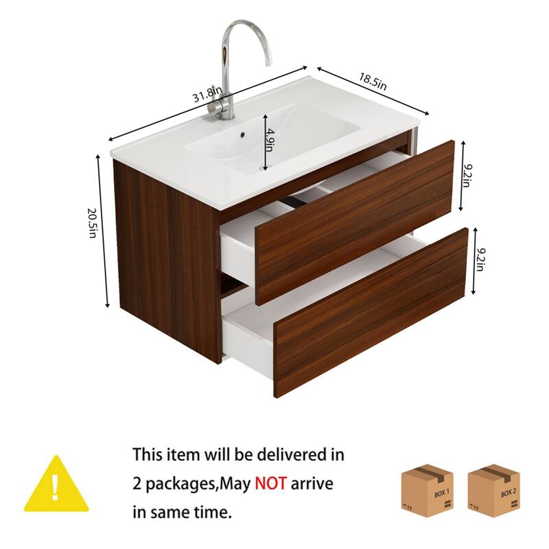 Wall-Mounted Walnut Bathroom Vanity with Double Drawers, Integrated Ceramic Sink, 32 Inch - 32 Inch