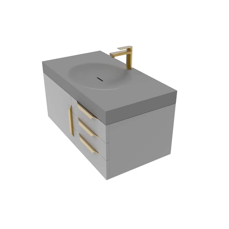 Thames 36" Shallow Basin Wall Mounted Bathroom Vanity Set w/ Gray Top