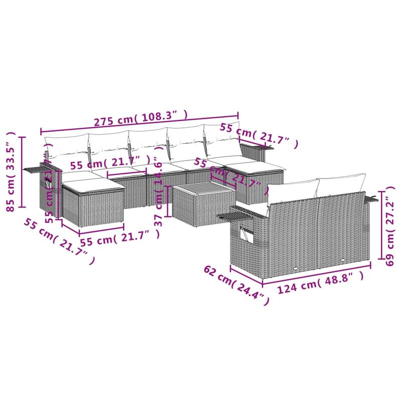 vidaXL Garden Sofa Set 10 Piece with Cushions Outdoor Sofa Set Poly Rattan - 24.4 x 24.4 x 27.2 in (W x L x H)