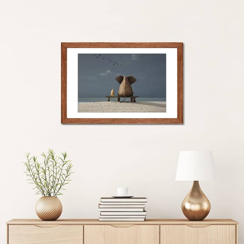 iCanvas "Elephant And Dog Sit On A Beach" by Mike Kiev