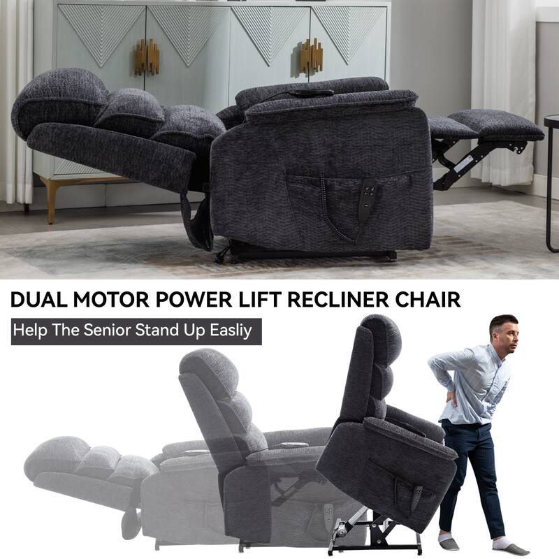 Dual Motor Power Lift Recliner Chair with Massage and Lumbar Heat - Chenille Fabric, Electric Recline