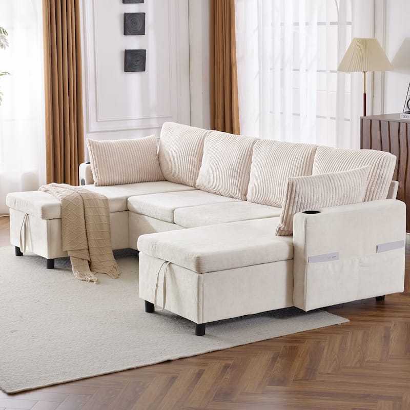Chenille Sectional Sofa Convertible Sleeper Sofa, U Shaped Couch Sofa with 2 Storage Chaise Lounges and 2 Pillows