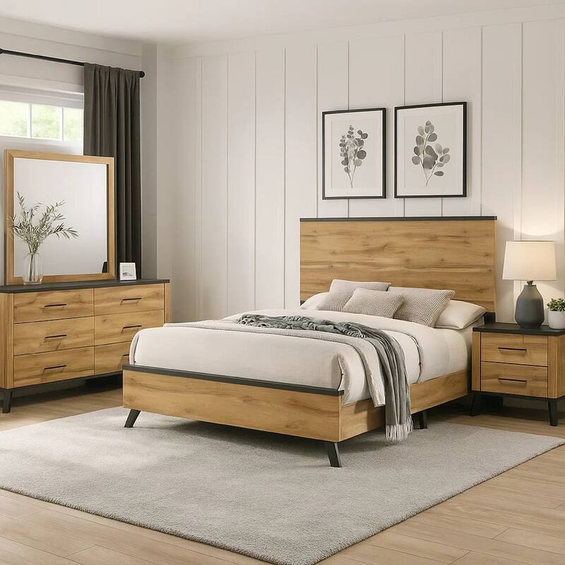 Wemy 4 Piece Full Size Bed Set, Rustic Brown Pine Wood, Tapered Legs
