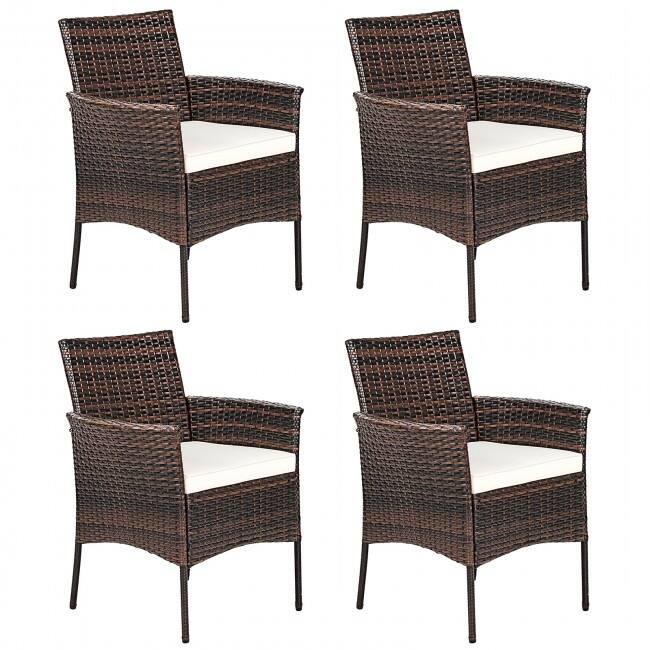 2 Pieces Rattan Arm Dining Chair Cushioned Sofa Furniture Patio - 25'' x 23'' x 33'' (L x W x H)