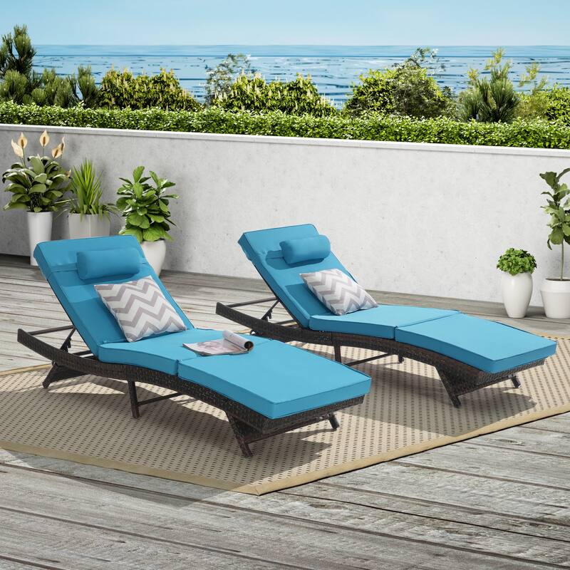 2 Pcs Outdoor Wicker Lounge Recliner Chair Set of 2, Rust-Resistant Patio Sunbathing Chairs with 5 Adjustable Positions