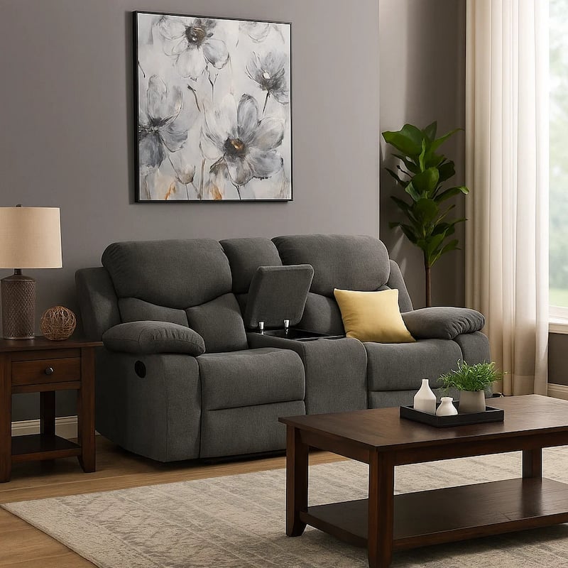 Fabric Wrapped Motion Loveseat with Storage Console, Gray