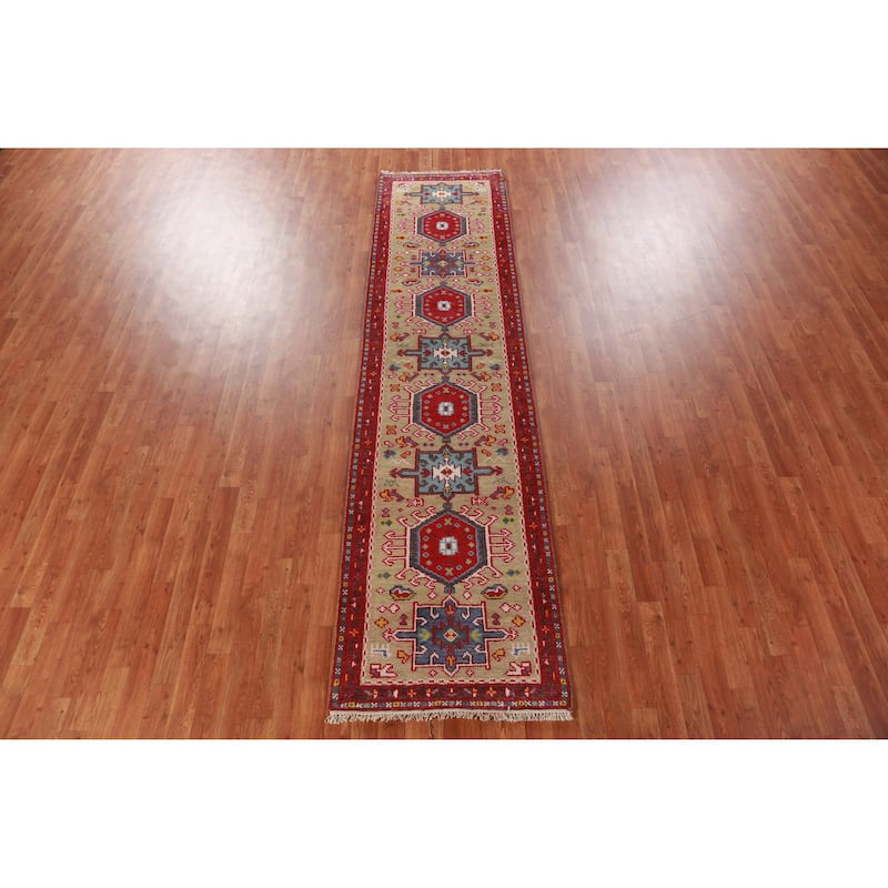 Hand Knotted Oriental 100% Wool Carpet Transitional Geometric Green Khotan Runner Rug - 9' 11'' X 2' 6''