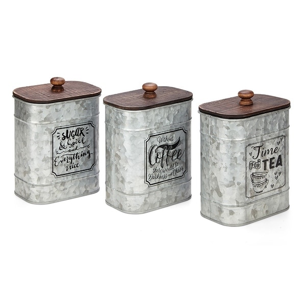 Set of 3 Brown and Gray Distress Finish Unique Kitchen Jars with Lids 6.5" - N/A