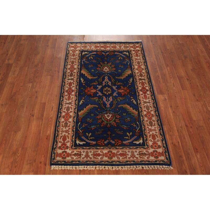 Blue Floral Oushak Indian Foyer Rug Handmade Wool Carpet - 3'0"x 5'0"