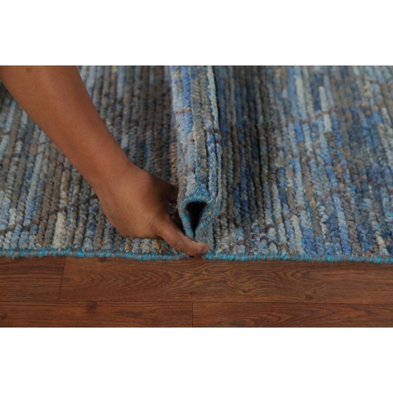 Striped Blue Trellis Moroccan Runner Rug Hand-Knotted Wool Carpet - 3'0"x 12'5"