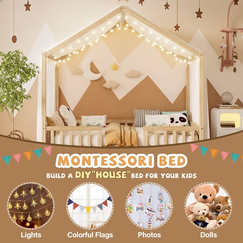 Roomfitters Montessori Floor Bed with Canopy, House Shape Wood Frame with Safety Rails, Youth Platform Bed