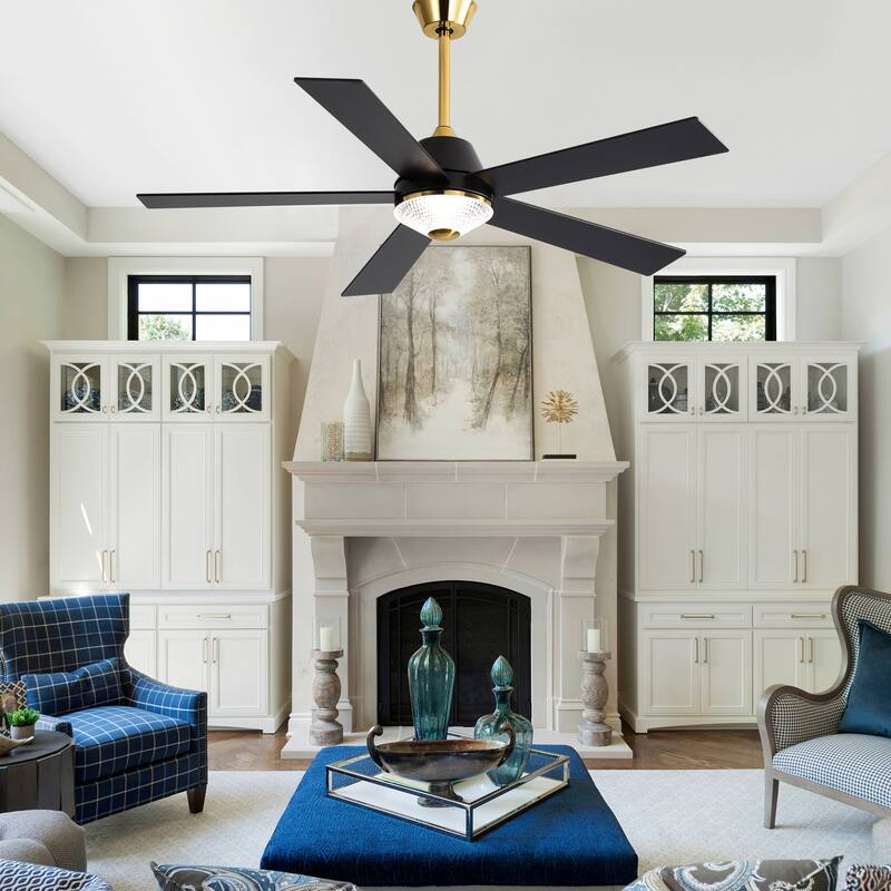 Oaks Aura 52" LED Dimmable Ceiling Fan,Modern Black Reversible Blades Fan Light,6 Speeds Quiet DC Motor with Remote for Indoor