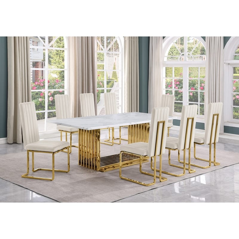 Best Quality Furniture D312/3-SC340-7 Dining Set with 79" White Marble Top - 9-Piece - Cream / Gold