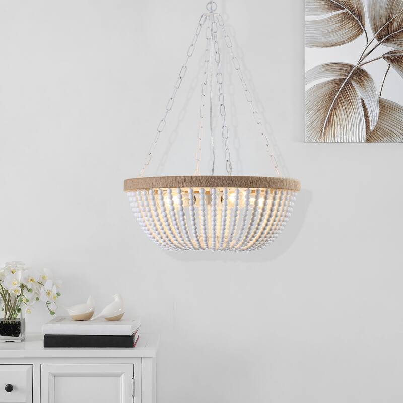 Cusp Barn 5-Light Modern Boho Style Chandelier, 23.6-Inch Oak White Wood Beaded Kitchen Island Pendant Light for Dining Room